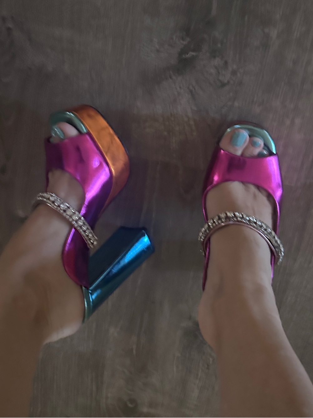 Metallic Pink Platform Sandals with Multicolor Heel - Women
